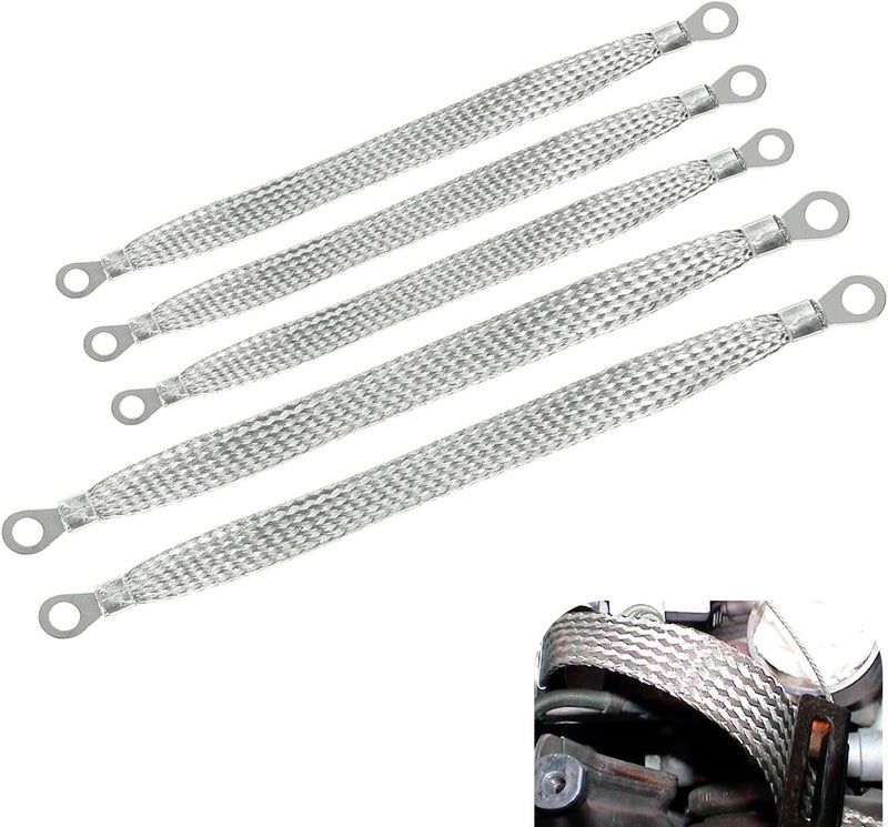 MLY 5 PCS Ground Strap Kit, 3 PCS 10" + 2 PCS 13" Grounding Strap with Terminal Plugs, Durability Flat Tinned Copper Ground Strap Wire Automotive, Universal for Cars, Trucks, SUVs (Silver) - Image 1
